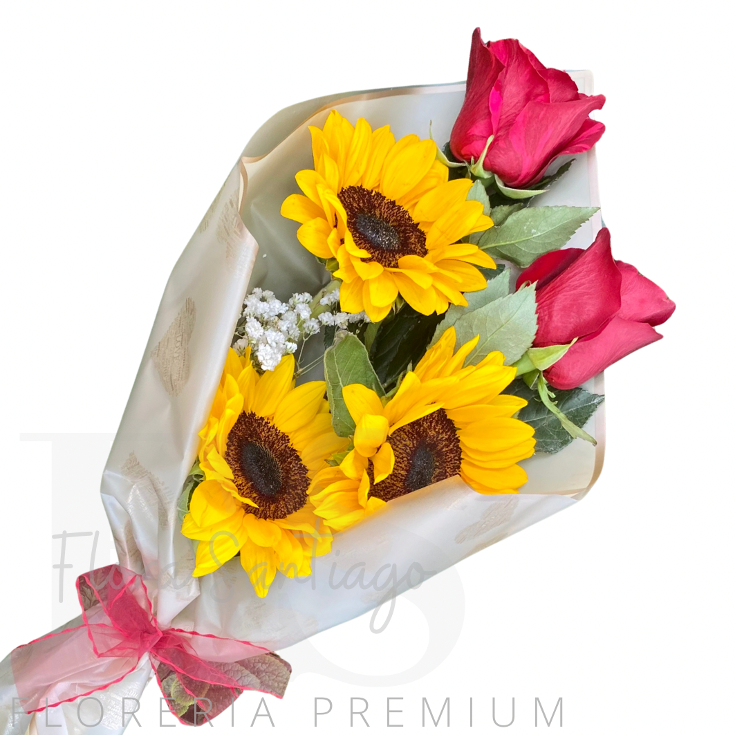 Ramo de 3 girasoles y 2 rosas