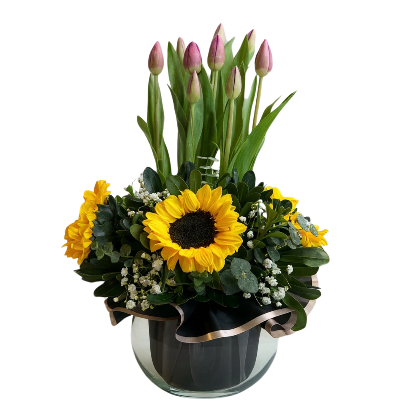 Arreglo en pecera con 10 Tulipanes y tres girasoles