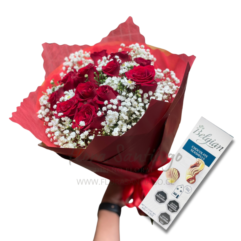 Ramo de 10 rosas rojas y bombones