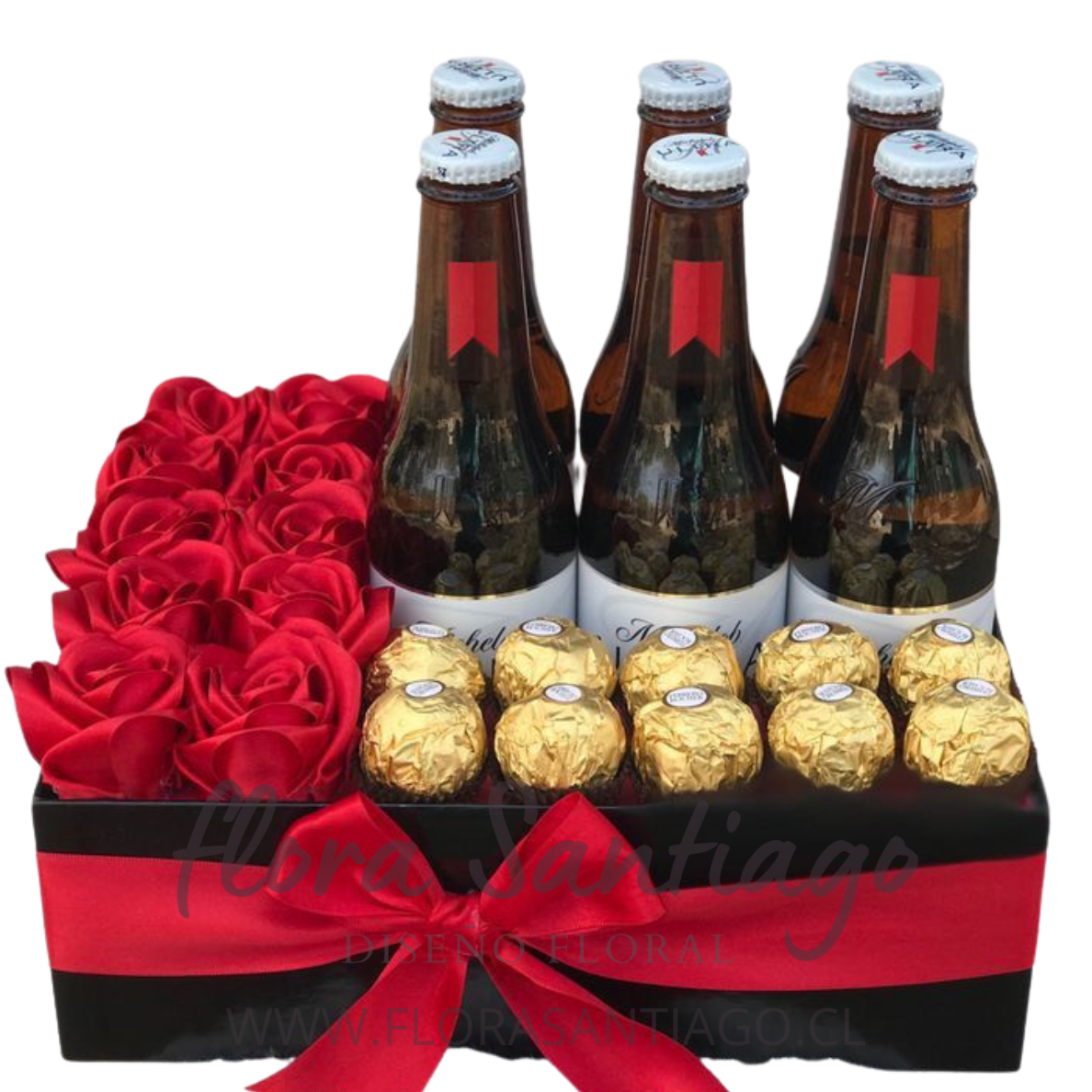Arreglo de 8 rosas rojas naturales, 6 cervezas coronas y ocho bombones de chocolate Ferrero Rocha