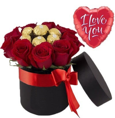 BOX DE 12 ROSAS MAS FERREROS Y GLOBITO