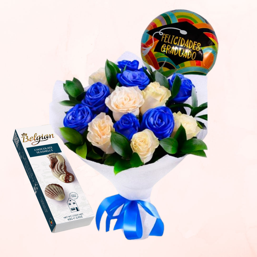 Ramo de 12 Rosas Azules y blancas para Graduado