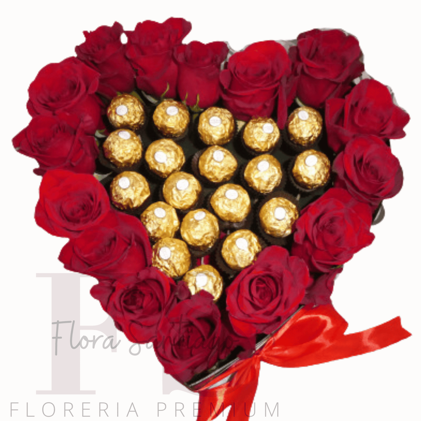 Arreglo corazón con Rosa roja y bombones de chocolate