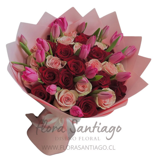 Ramo 10 rosas rojas, 10 rosas rosadas y 10 Tulipanes