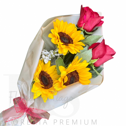 Ramo de 3 girasoles y 2 rosas