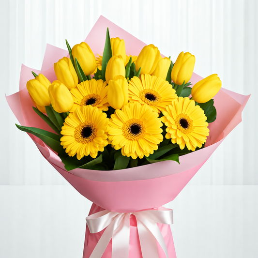 Ramo de 10 tulipanes y 6 gerberas amarillas