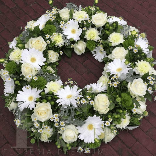 Corona fúnebre clásica blanca grande con Rosas margaritas y gerberas arreglo de condolencias blanco