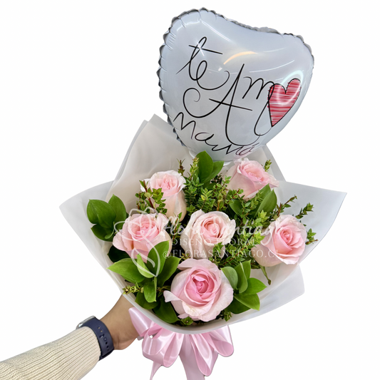 Ramo de 6 rosas rosadas más globo