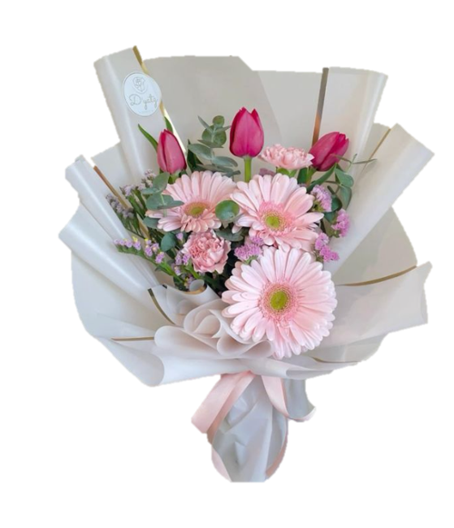 Ramo de 3 tulipanes, 3 gerberas y claveles