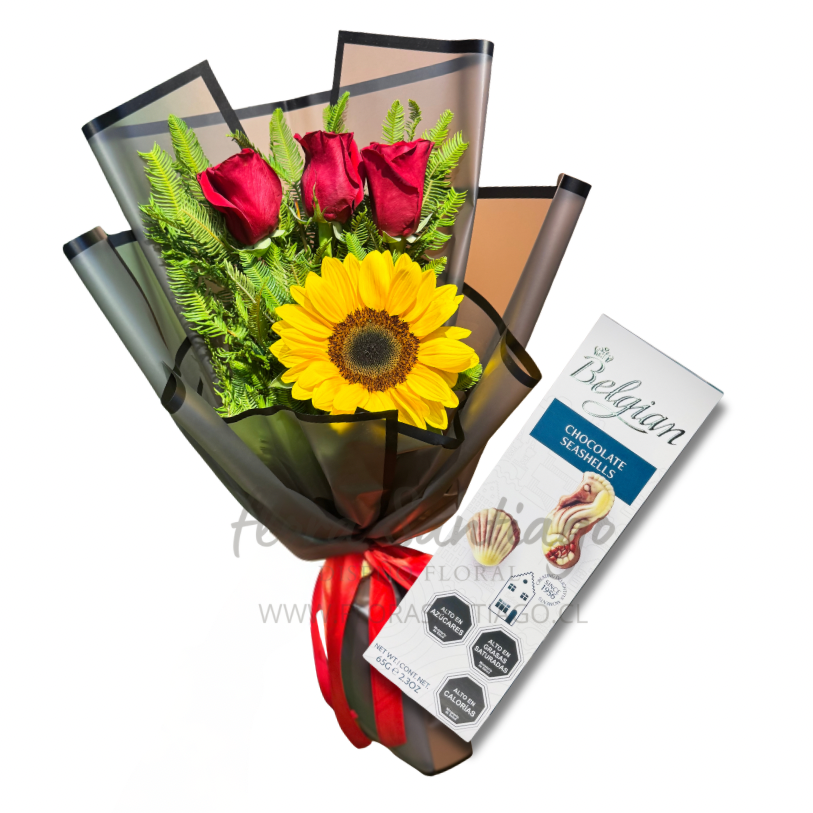 Ramo de 3 rosas y un girasol más bombones