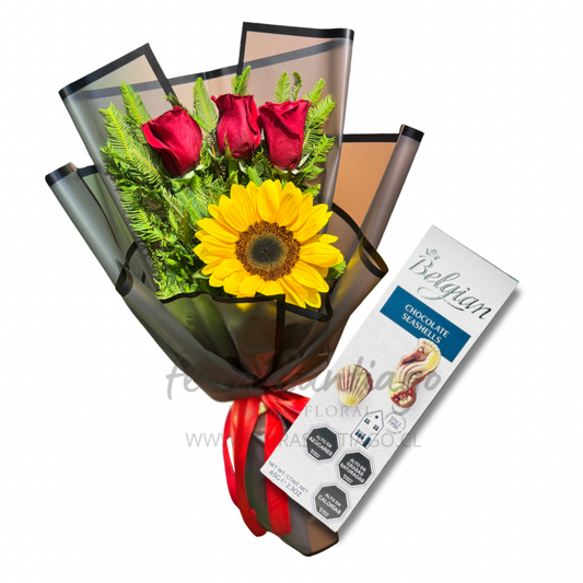 Ramo de 3 rosas y un girasol más bombones