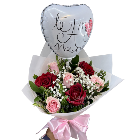 Ramo de 6 rosas bicolor más globo