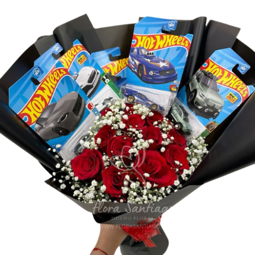 Ramo de 12 rosas rojas y 4 auto Hot Wheels
