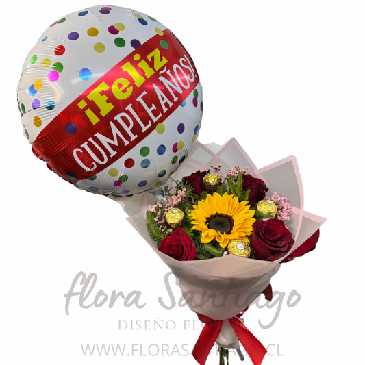 Ramo de 4 rosas Rojas y 1 girasol con cuatro bombones de chocolate, acompañado de un globo, feliz cumpleaños