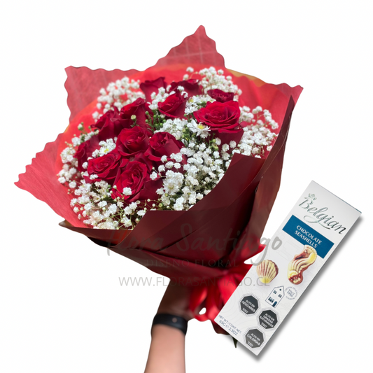 Ramo de 10 rosas rojas y bombones