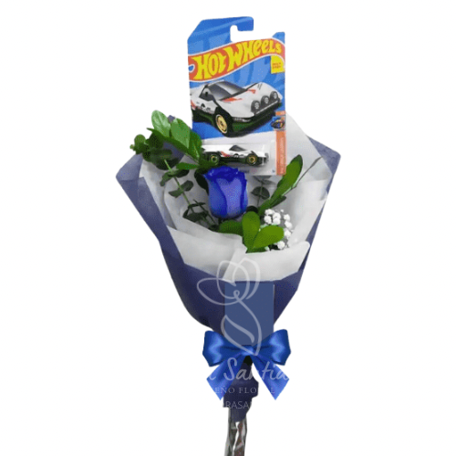 Ramo de 1 rosa azul y un auto Hot Wheels