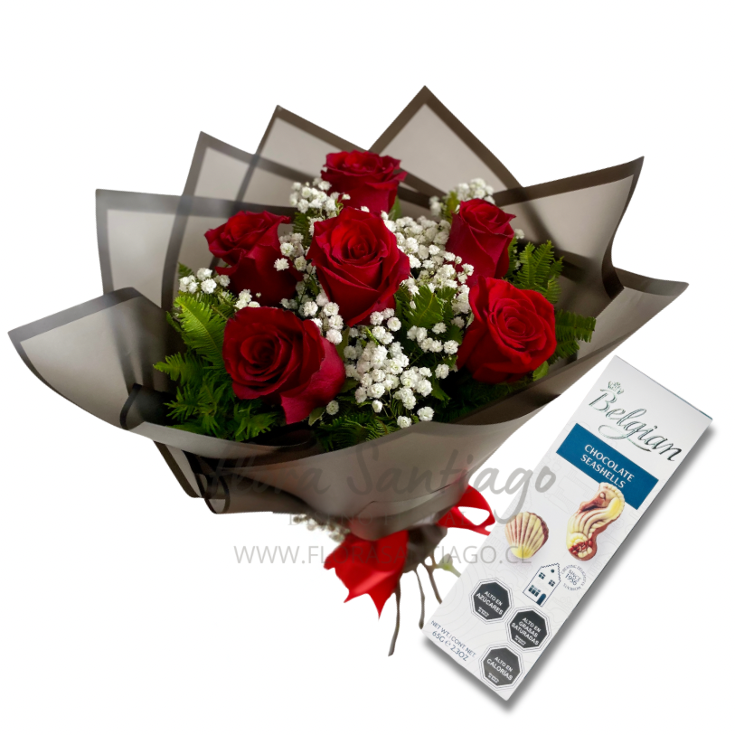 Ramo de 6 rosas rojas y bombones