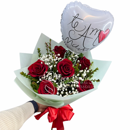 Ramo de 6 rosas rojas más globo