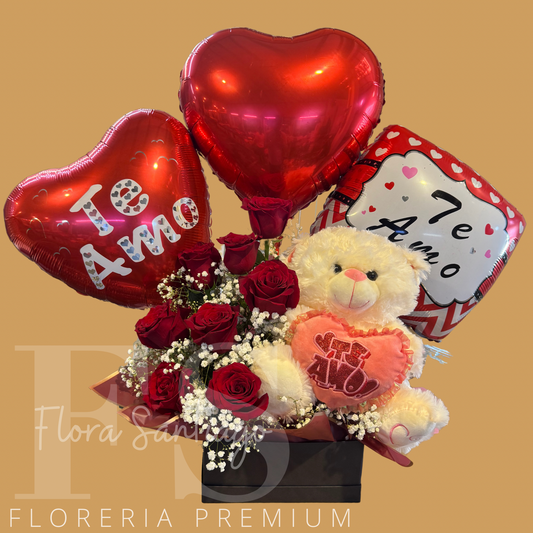 BOX CON ROSAS, OSO DE PELUCHE Y GLOBOS