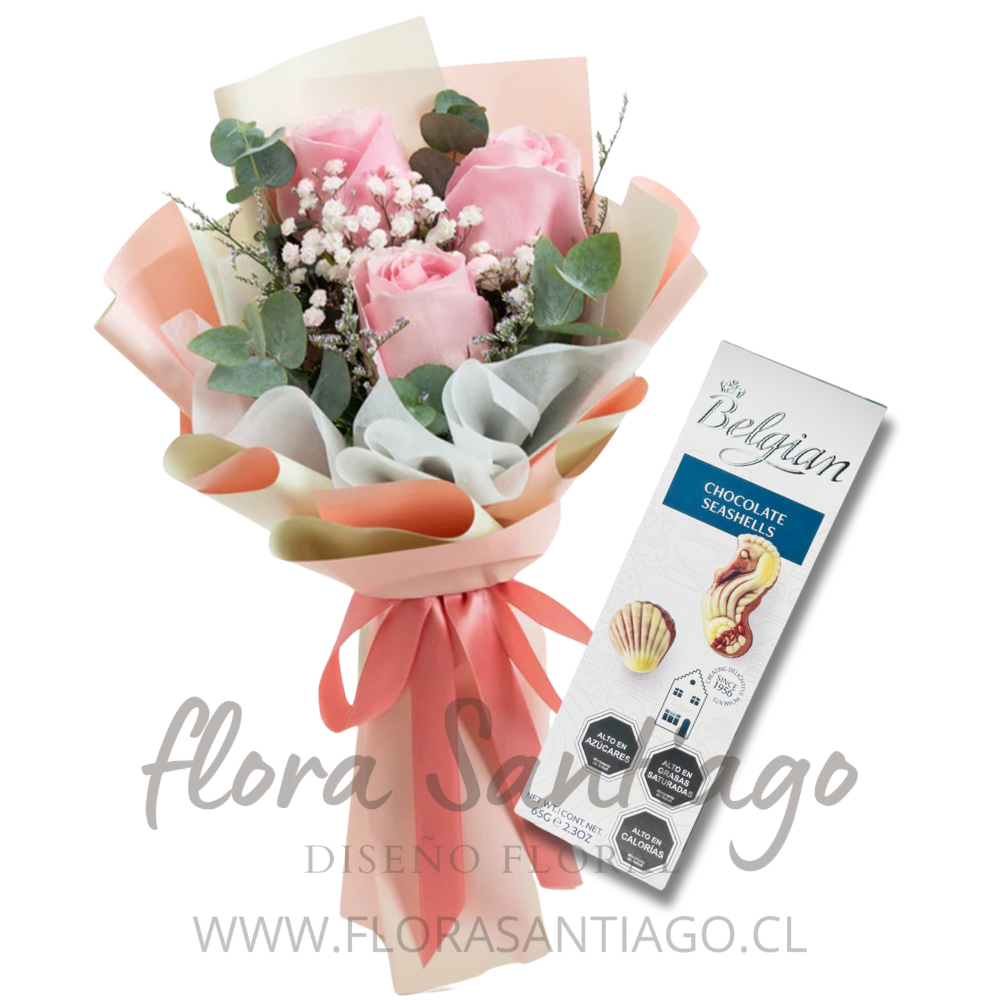 Ramo de e rosas rosadas y chocolates Belgian