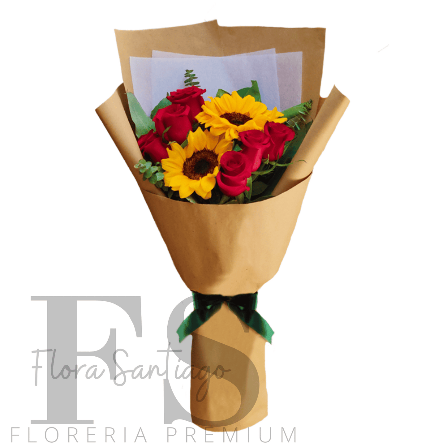 Ramo con 6 rosas rojas y 2 girasoles envuelto para regalo