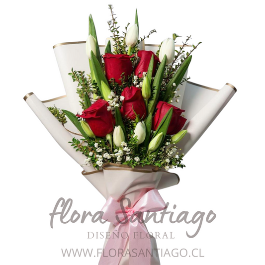 Ramo de 10 tulipanes y 5 rosas rojas