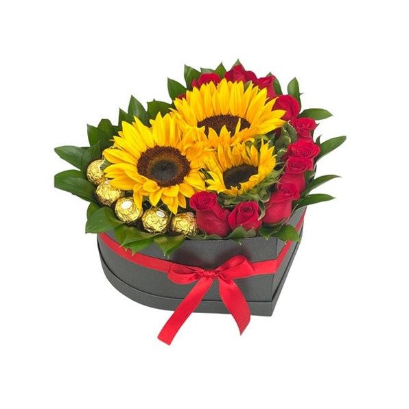 BOX CORACON DE ROSAS-GIRSOLES Y BOMBONES FERREROS