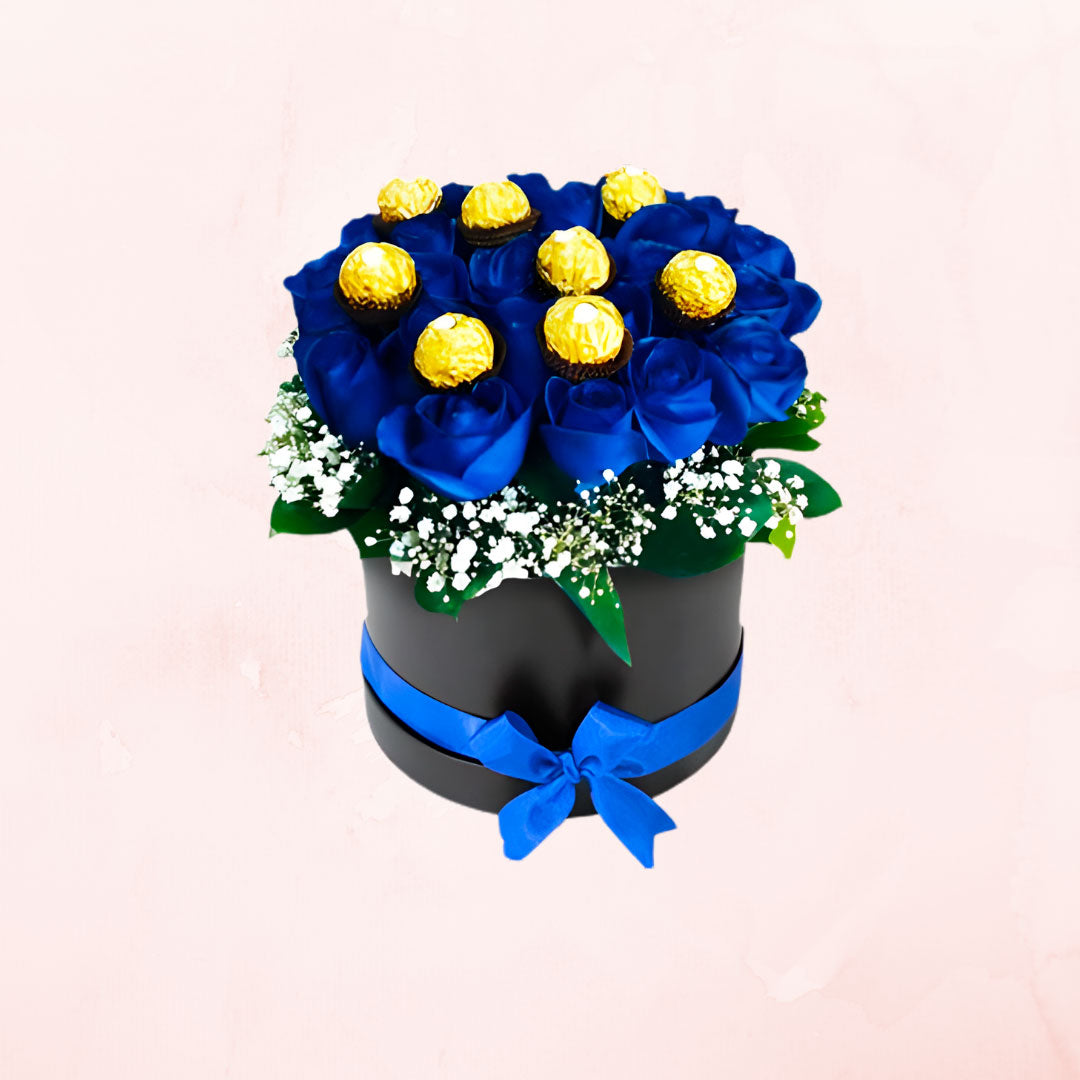 Box de 12 Rosas Azules y 8 Ferrero