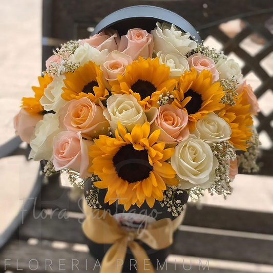 Box de 6 girasoles, 10 rosas rosadas y 10 rosas 10 rosas blancas