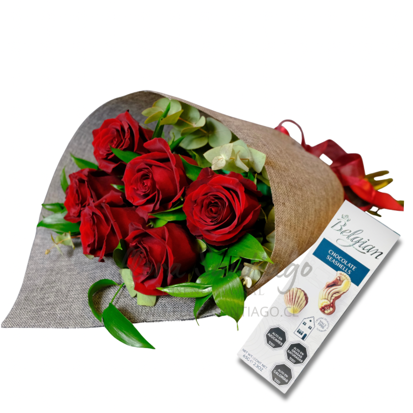 Ramo de 6 rosas rojas en arpillera y bombones