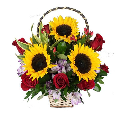 CANASTO DE 4 GIRASOLES Y 6 ROSAS