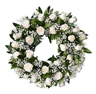 CORONA FUNEBRE DE 25 ROSAS Y GYPSOPHLIA