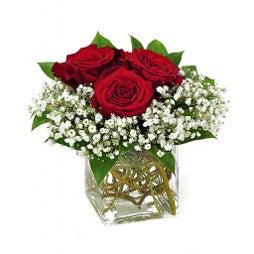 CUBO DE 4 ROSAS ENVUELTO EN GYPSUPHILIA