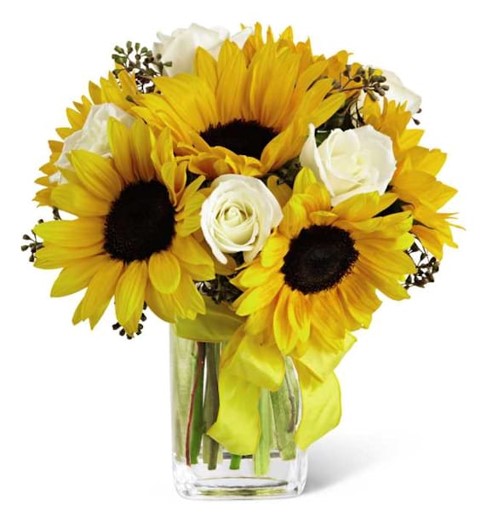 CUBO DE 8 ROSAS BLANCAS Y 5 GIRASOLES