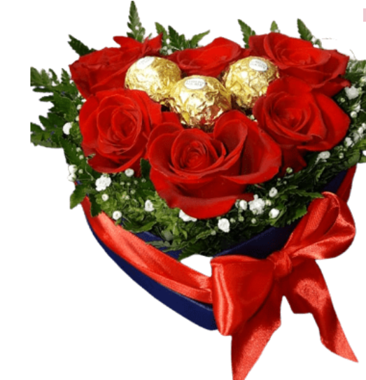 Box Corazón de 7 Rosas y 3 Bombones Ferrero