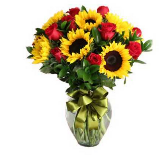 Florero de Rosas y Girasoles