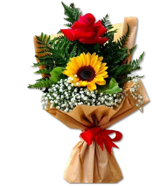 Bouquet de 1 Rosa, 1 Girasol y Follaje