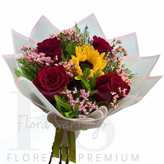 Ramo de 4 rosas y 1 girasol