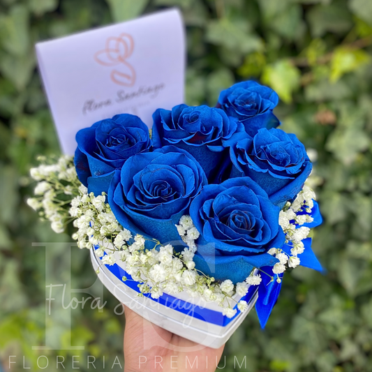 Caja corazón con 6 rosas azules