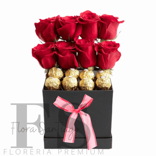 Box con rosas y bombones de chocolate Ferrero