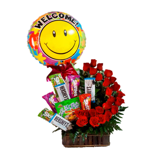 ESPIRAL DE 25 ROSAS DULCES Y GLOBO