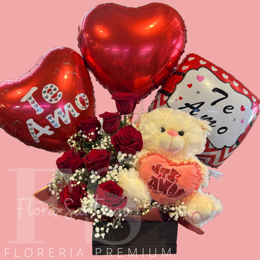 Arreglo box de globos, oso de peluche y 8 rosas rojas