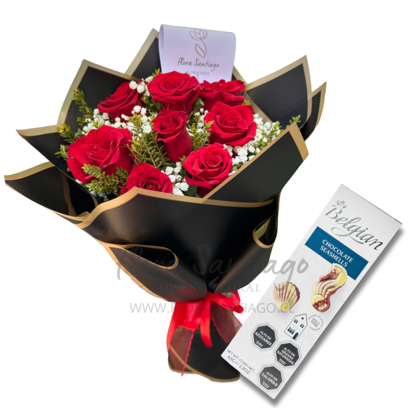 Ramo de 8 rosas rojas y bombones