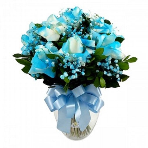 FLORERO DE 10 ROSAS AZUL CELESTE Y GYPSUPHILIA