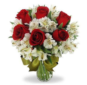 FLORERO DE 6 ROSAS ROJAS Y ASTROMELIAS