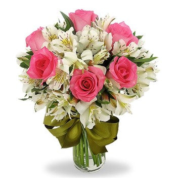 FLORERO DE 6 ROSAS ROSADAS Y ASTRMELIAS