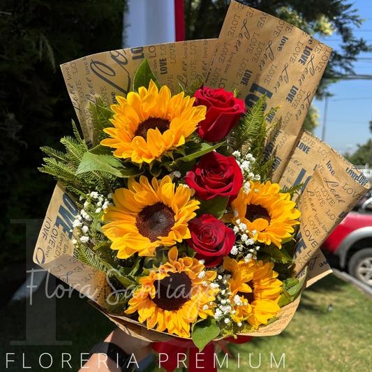 Ramo con 5 girasoles y 3 rosas