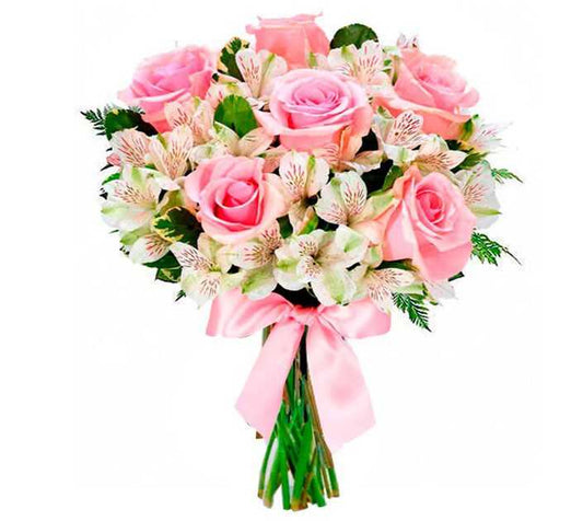 Ramo de 6 rosas y alstromeria blanca