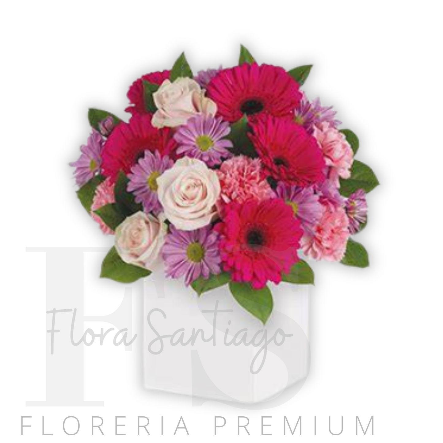 Box con rosas, gerberas y claveles flores en tonos pasteles