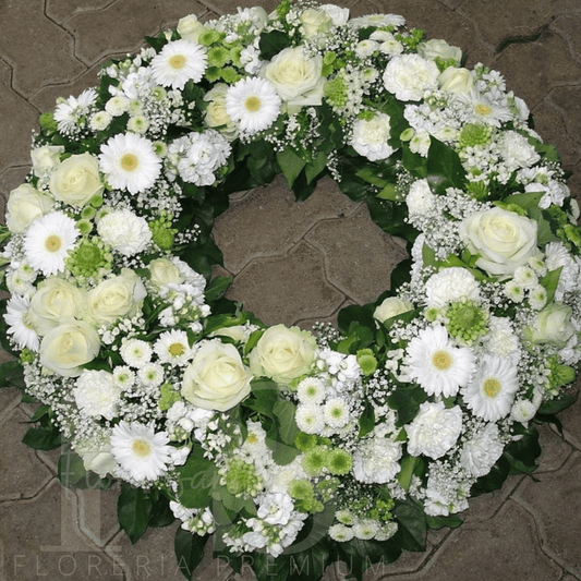 Corona fúnebre clásica blanca grande con Rosas margaritas y gerberas arreglo de condolencias blanco